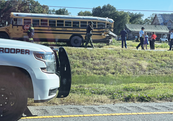 A St. Landry Parish school bus was reportedly struck from behind by a tow truck at about 3 p.m. Thursday on U.S. 190 near Rozena Road west of Lawtell. News reports stated St. Landry Parish School Superintendent Patrick Jenkins said at least four students were taken to a hospital and none faced life-threatening injuries. The bus was carrying 27 students. Jenkins told KLFY the children ranged in grades from kindergarten to eighth grade. (Submitted photo)
