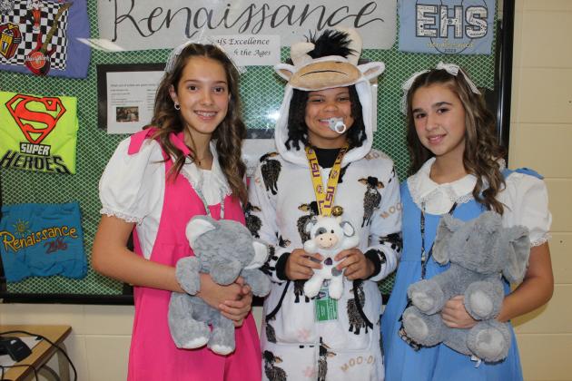 Tuesday was declared Toddler Day for students at Eunice High. Left are Briley Douget, Jhayla Charlot and Aislynn Faul, all freshmen.