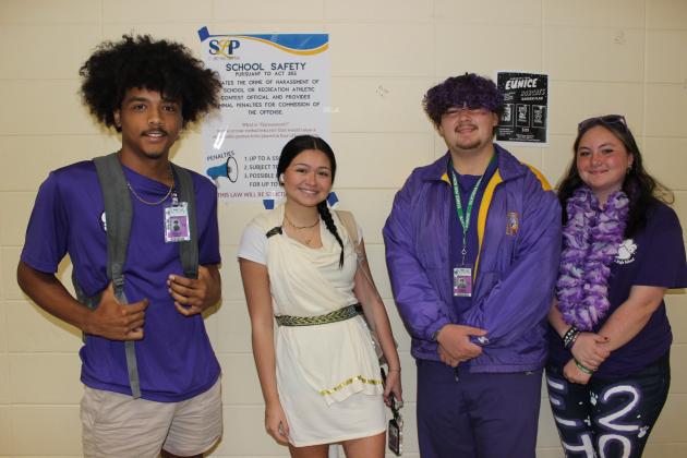 From left are Dylan Serie, Kaila Cuellar, Noah LeJeune and Jaida Kelley. Eunice High juniors wore purple. (Photos by Myra Miller)