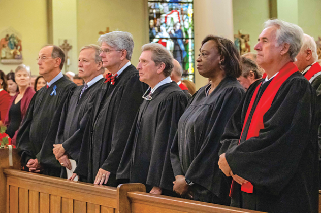 Louisiana Supreme Court Justices attended the 70th annual Red Mass at St. Louis Cathedral. From left, are Chief Justice John Weimer, Justice Scott Crichton, Justice Jay McCallum, Justice William Crain, Justice Piper Griffin and Justice James Genovese. Genovese is from Opelousas. (Submitted photo)