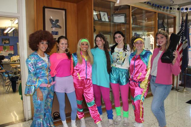 Tuesday was Decades Day at  St. Edmund High School as students celebrate homecoming week. From left, are Caroline Heinen, Claire Beth Prudhomme, Isabella Heinen, Ava Warner, Sabey Coleman, Harlie Guillory and Gracie Cormier.