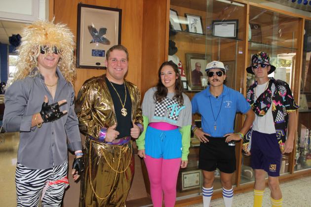 Tuesday was declared Decades Day at St. Edmund High School. Students celebrate homecoming this week with different designated dress up days. From left, are Jay Lavergne, Matthew McGee, Ava Guillory, Gage Smith and Evan Aucoin, all seniors.