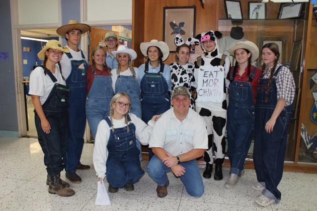 There were alot of Farmers and Animals seen on St. Edmund High School campus Thursday as students celebrate homecoming week. Seniors dressed as farmers and underclassmen dressed as animals. Directly in front from left are Jenna Smith and Matthew McGee. In back from left are Harlie Guillory, Copeland Miller, Elizabeth Fruge, Evan Aucoin, Isabella Heinen, Ava Guillory, Lauren McGee, Ross Bertrand, Laura Zaunbrecher and Ava Warner. (Photos by Myra Miller)
