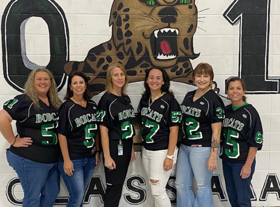 The Eunice High football game of Week 5 vs. Catholic High of New Iberia, jerseys were given to Therese Gianfala, left, chosen by #51 Matthew Prudhomme, Becky Sonnier chosen by #5 Josh Brown, Sarah Thomas chosen by #27 Hayden Darbonne, Kassi Thibodeaux chosen by #57 Lorenzo Greene, Brooke Comeaux chosen by #32 Nicholas Gabriels, and Rachel Smith chosen by #65 Jaylen Wheeler.