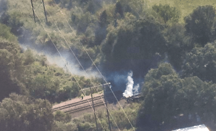 A closeup view of the fire scene.