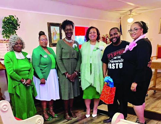 NAUW members attended Trump Baptist Church in Opelousas. They were from left Lelia Adams, Rochelle Milton, Patricia Harrison, Mrs. Freeman, Rev. Corey Freeman and  Crystal Wiley, branch 1st vice president.