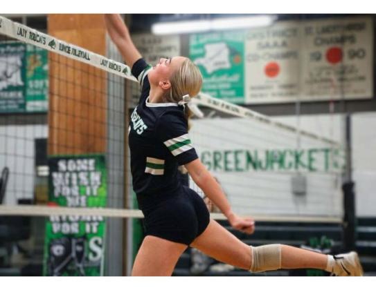 Eunice High School’s senior Ava Grace Brown goes for a kill at the net last week during a volleyball match against Port Barre. (Photo by Sports Editor Rhett Manuel)
