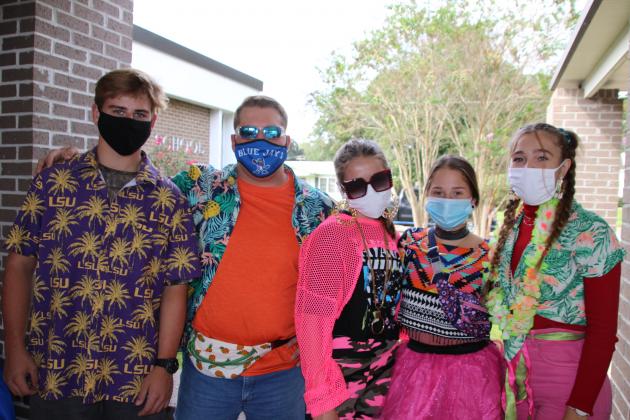 “Tacky Day” was declared at St. Edmund High Wednesday and students dressed accordingly. From left, are, Jacob Bearb, juniior, Matthew McGee, Claire Beth Prudhomme, Caroline Trahan, and Irene Torres, all sophomores.