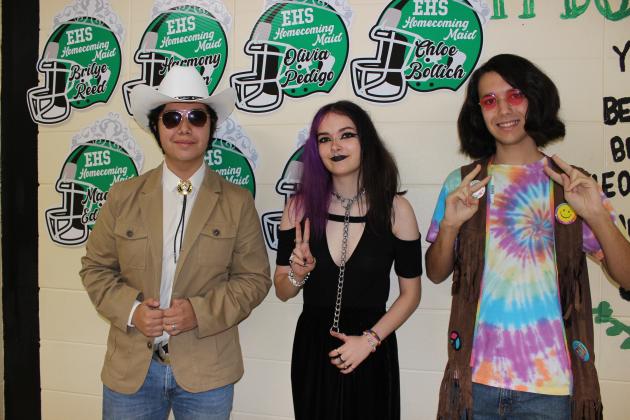 Tuesday was declared Decades Day at Eunice High as students celebrated homecoming week. From left, are Michael Resendiz, a freshman; Jada Guidry, a senior; and Aidan Thibodeaux, a junior.