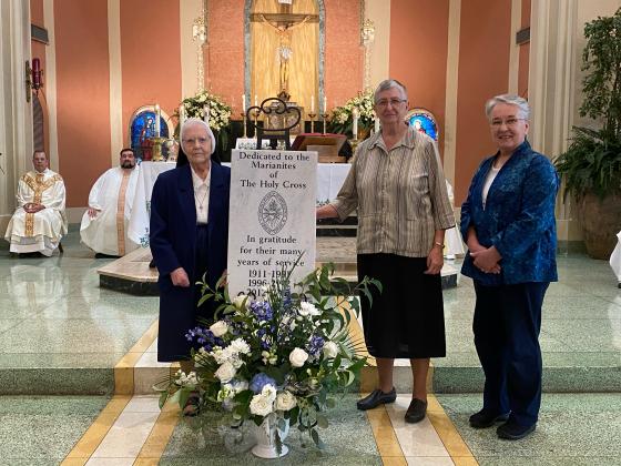 Sister Nell Murray, left, Sister Joel Miller and Sister Stephanie Brignac are pictured with a Gratitude for Many Years of Service plaque during a special Mass celebration of the Marianites and Sr. Nell Murray’s 70th Jubilee Year. (Submitted photos)