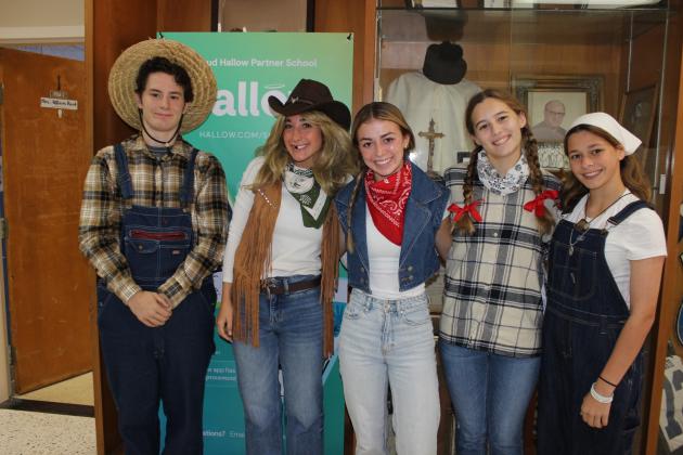 On Thursday St. Edmund High underclassmen were dressed in country attire while seniors were seen at the Beverly Hills. From left, are Joe Aucoin, Caroline Heinen, Brooklynn Fontenot, Reese Fruge and Rose Young. (Photos by Myra Miller)