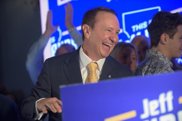 Louisiana Gov.-elect Jeff Landry greets supporters Oct. 14 at The Ballroom in Broussard after claiming an outright win in the primary election. (Travis Gauthier for Louisiana Illuminator)