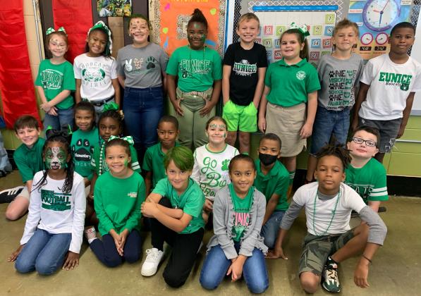 Third graders at East Elementary showed their Bobcat spirit last week during homecoming week festivities. Students are in Brandy Rozas’ class. Seated, in front, from left, are Harlee Dupre, Jesleigh Johnson, Brayden Trichell, Katharine Stevens and Khilon Frank. Second row, from left, are Cason LaFleur, Abrionna Vallaire, MaKyri Victor, Daryl Thomas, Zeyiah Williams, Jordan Joseph, and Bailee Hancock. Third row, from left, are Sophia Rainville, Ava Thomas, Aubrey Miller, Makailyn Reed, Ayden Phenice, Lucy De