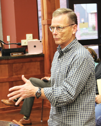 Lafayette attorney Bill Goodall speaks at the St. Landry Parish Council meeting in Opelousas on Oct. 20 about a suit to clean up the Mar Services site south of Cankton. (Photo by Harlan Kirgan/The Eunice News)