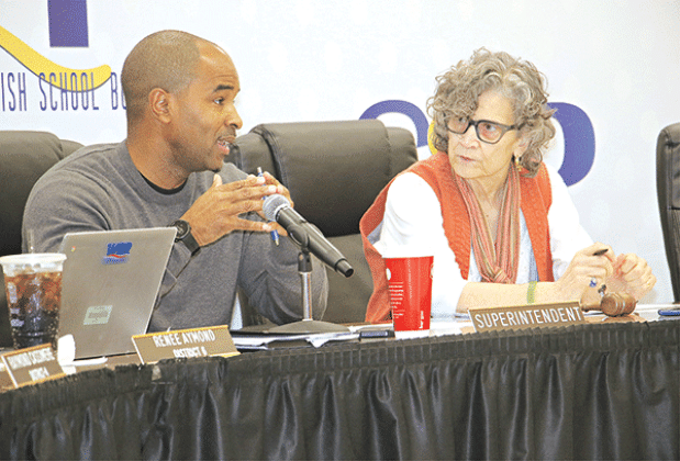 St. Landry Parish School Superintendent Milton Batiste III, left, and School Board President Mary Ellen Donatto at Saturday’s Board retreat to discuss consolidation. (Photo by Harlan Kirgan)