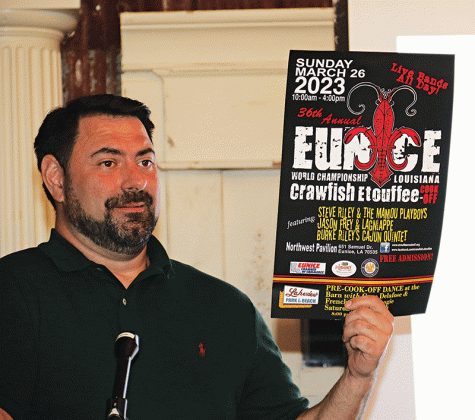 Jacob Bergeron, Eunice Rotary Club president, holds a poster for the World Championship Crawfish Etouffee Cook-Off scheduled 10 a.m. to 4 p.m. March 26 at the Northwest Community Center pavilion in Eunice. (Photo by Harlan Kirgan)