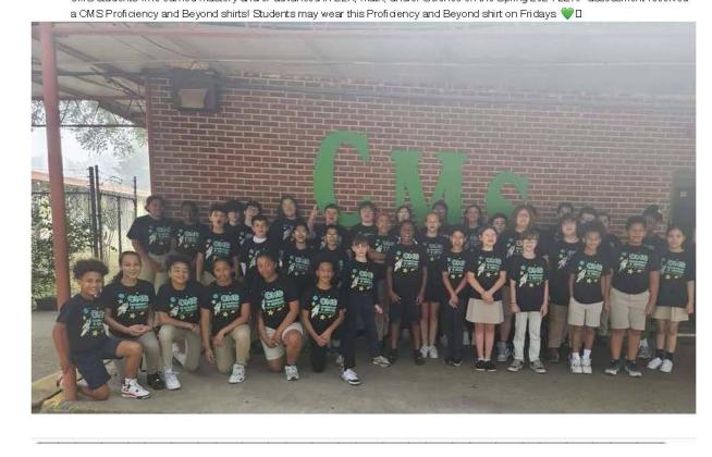 Central Middle students who earned mastery and/or advanced in English Language &amp; Ars, Math, and/or Science on the Spring 2024 LEAP assessment received a Central Middle School Proficiency and Beyond shirts.