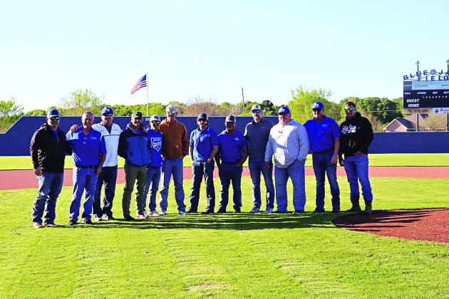 The St. Edmund Blue Jay Baseball team honored a “Championship Legacy” before Thursday’s game, March 12 against Bunkie. The 1996 St. Edmund Blue Jay State Championship Team was introduced and coaches and players that were able to attend gathered on the infield. The team, coached by Scotty Richard, was the fifth of the sixth state titles in program history. The team defeated St. John to win the 1996 title. From left are coaches and players David Comeaux, Thad Richard, Scotty Richard, Nicky Miller, Tim Fonteno