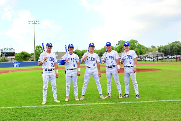 St. Edmund High School honored its senior baseball players Wednesday, April 1 at the St. Ed field. From left are Wyatt Dubois, Peyton Vezina, Owen Cart, Clay Aguillard and Lannie Reed. (Photo by Amy Myers)