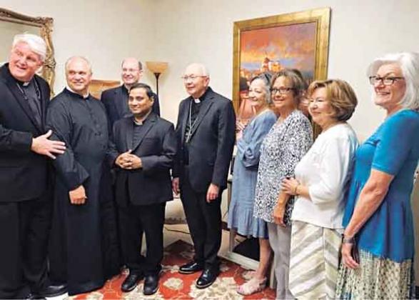 From left, are the Rev. Hampton Davis, pastor of St. Anthony of Padua in Eunice; the Rev. Billy Massie, pastor of St. Anne in Mamou; the Rev. Bala Rayapati, associate pastor of St. Anne in Mamou; the Rev. Tom Voorhies, pastor of Sacred Heart in Ville Platte; Bishop Douglas Deshotel, Diocese of Lafayette; Sharon Fontenot, New Life Pregnancy Center board member, Connie Landreneau, director of New Life Pregnancy Center in Mamou, Paula Guillory, New Life Pregnancy Center board member, and Phyllis Pere, New Life