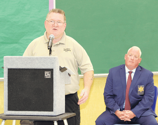 St. Landry Parish Sheriff Chief Deputy Eddie Thibodeaux, left, Sgt. Thomas Kimrey spoke at the St. Landry Parish School Board Executive Committee meeting on school safety on Monday. (Photo by Harlan Kirgan)