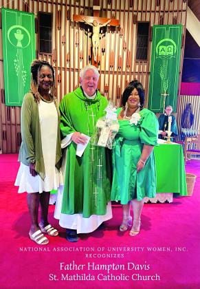 The Rev. Hampton Davis of St. Mathilda Catholic Church was honored and recognized during Pastor Appreciation Month by the NAUW Eunice branch members. From left, are Patricia Harrison, the Rev. Davis; and Shelsy Williams, president of the NAUW Eunice branch.