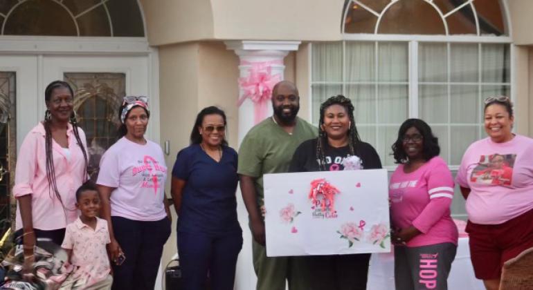 Guest speakers for the NAUW Eunice Branch Breast Cancer Awareness Walk gave a talk about breast cancer awareness at the conclusion of the walk. From left, are NAUW members, along with guest speakers, Patricia Harrison, Aaron D. Neville, Joyce Neville, Dr. Juliet Conde, Dr. Terrence Thompson, Shelsy Williams, Chiquita Thomas and Crystal Wiley.
