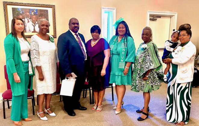 The members who attended Greater Live Oak Church in Opelousas for Pastor Appreciator Month and to recognize Pastor Jason Rubin were from left, LaJuana J. Ray, Carolyn Baldwin, Rev. and Mrs. Jason Rubin, honoree; Shelsy Williams, Branch President, Lelia B. Adams and Rochelle Milton holding Cali Vennis, her foster daughter.