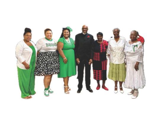 Members of NAUW-Eunice Branch attended church service at the Greater Outreach Ministries Worship Center in Eunice and presented gifts to the pastor. From left, are Rochelle Milton, Chrystal R. Wiley, Shelsy Williams, branch president; Rev. and Mrs. Luke Johnson at Greater Outreach Ministries Worship Center in Eunice, Carolyn Baldwin and Lelia Adams. (Submitted photos)