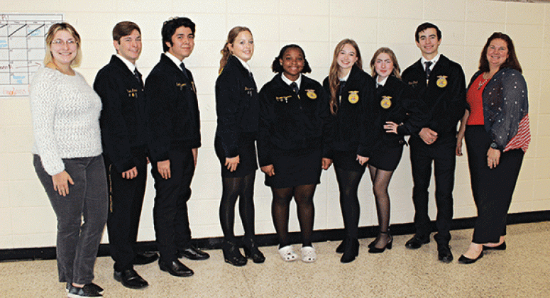 Eunice High School FFA officers and advisors. From left are Brooke Comeaux, advisor; Gavin Manuel, president; Michael Resendiz, vice president; Brianna Arms, secretary; Yasmine Thomas, reporter; Lillie Dubroc, treasurer; Abbigail David, sentinel; Caleb David, chaplain; and Rebecca Berzas, advisor.