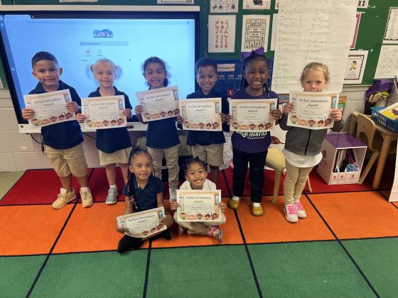 Pre-k students at Highland Early Learning Center were named as Perfect Attendance for October. Seated, from left, are Rhy’lynn Jones, and Ariah Richard. In back, from left, are Kashton Vallaire, Ellie Blount, Kinlee Gaspard, Drayson Mitchell, Royalty Rideaux, and Paisley Shaw.  Their teacher is Margo Guillory.