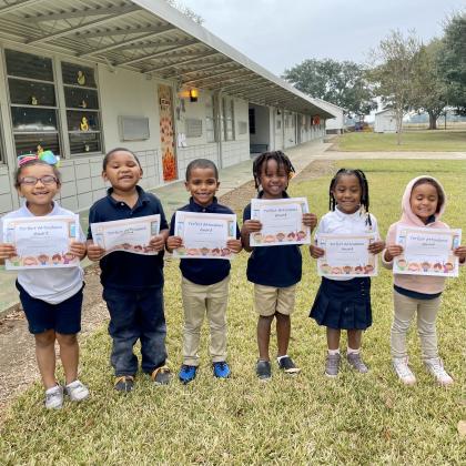 Highland Early Learning Center named its Perfect Attendance for October. Pre-k students are, from left, Kenzlie Clark, Markel Wade, Mason Skinner, Kai’Den Anderson, Kenleigh Phill and Aniyah Brandon. Their teacher is Mary Bushnell.