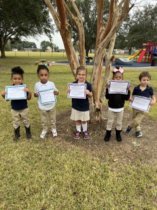 Perfect Attendance for October was named at Highland Early Learning Center. These pre-k students are, from left, Colston Powell, Zo’Mauri Paddio, Addison Johnson, Harlee Thomas and Reid LaCombe. Their teacher is Brooke Gaspard.