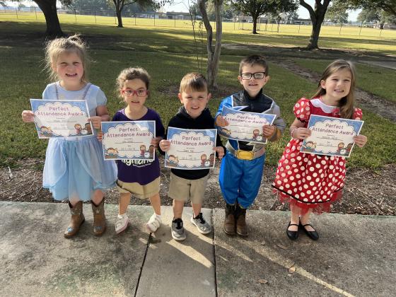 Pre-k students at Highland Early Learning Center were named as Perfect Attendance for October. From left, are Hayden Jenkins, Lucy Ortego, Jaxon Faul, Maverick Matte and Anna-Grace Vidrine. Their teacher is Aimie Fontenot.
