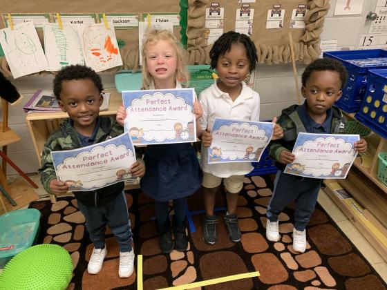 Perfect Attendance for October was named at Highland Early Learning Center. These pre-k students are from left, JKylan Boast, Addalyen Welch, Landon Cesar and JTylan Boast. Their teacher is Karla White.