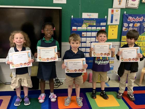 Perfect Attendance for October were rewarded to Pre-k students at Highland Early Learning Center. From left, are Vivian Aucoin, Kneila Ceasar, Vaughn Matte, Colby Fusilier and Aleister Darbonne. Their teacher is Johnette Dupre.