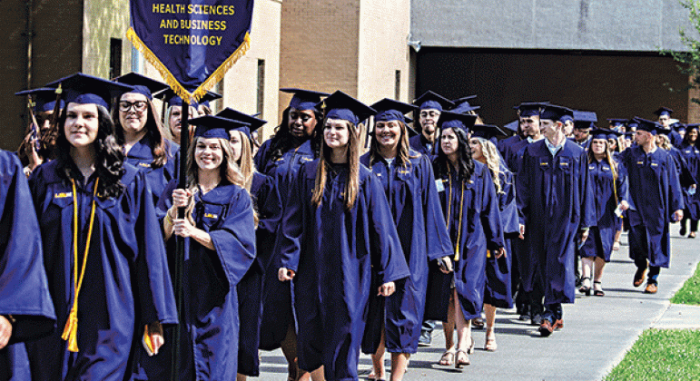 A procession at an LSUE graduation day. LSUE leads the state in producing students that go on to transfer to a four-year institution, according to a report by the U.S. Department of Education.  (LSUE photo)
