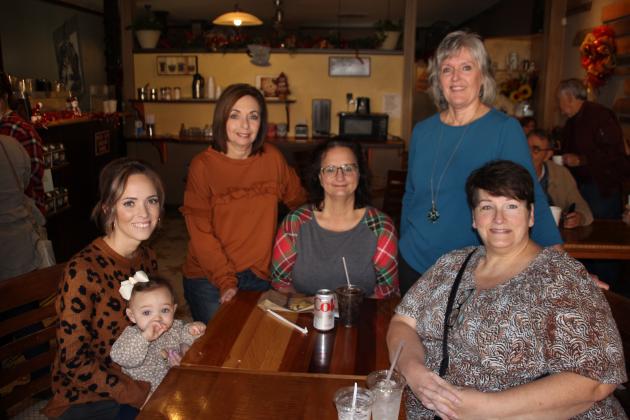 From left, are Shelbie Bergeaux holding her daughter Kimber Bergeaux, Madonna Lee, Donna Brown, Chawana Fontenot and Cynthia Soileau at Cafe Mosaic. (Photos by Myra Miller)