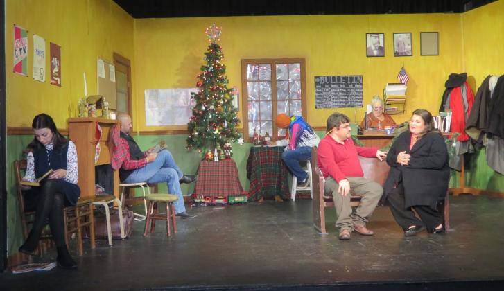In this scene, the travelers find ways to keep themselves occupied while waiting for the blizzard to clear. From left, are Preslea Laird, Joshua Carriere, Jace Hebert, Josh Faulkner, Denise Fusilier and Allison Reed. (Submitted photo)