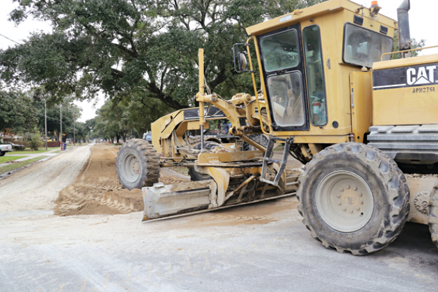 A grader works on Park Avenue at its intersection with Jake Street on Thursday. The work is part of the city’s bi-annual street improvement program. Mayor Scott Fontenot said the Park Avenue work is extensive, but there have been no setbacks to the plan. (Photo by Harlan Kirgan)