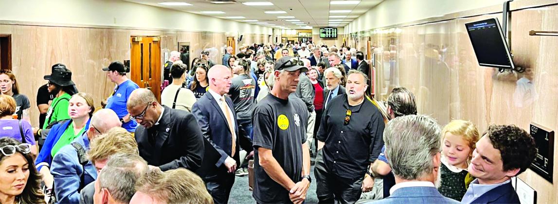 Hundreds of film industry workers pack the halls of the Louisiana Senate chamber to show support for the Motion Picture tax credit. (Photo credit: Wes Muller/Louisiana Illuminator)