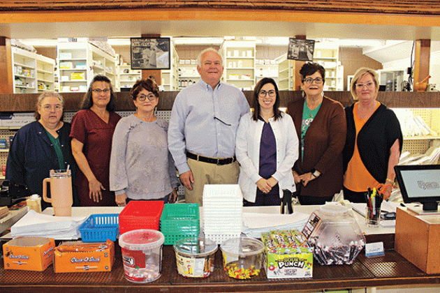 Employees, pharmacist and co-owners at Picou’s Drug Store. From left are Mary Veillon, bookkeeper; Gwen Fontenot, pharmacist technician; Glenda Young, sales clerk; Jed Reviere, co-owner; Christina Brown, pharmacist, co-owner; Pam LaFleur, clerk; and Rowena Thibodeaux, sales clerk. Not pictured are Robby Chachere, pharmacist, Paula Miller, sales clerk; T.C. Chachere, Russell Lejeune, delivery personnel. (Photo by Myra Miller)