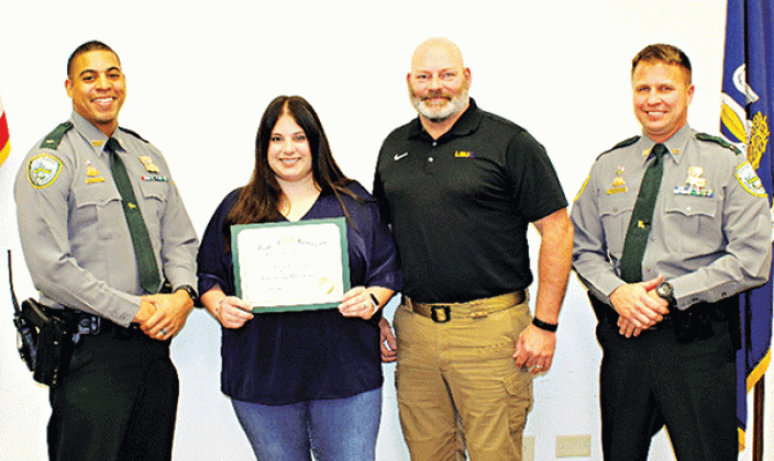 LSU Eunice student Jacie Bernard recently completed an internship program with the Louisiana Department of Wildlife and Fisheries (LDWF), it was announced last week.  Bernard received a certificate of completion by the LDWF. The Washington native and LSUE Criminal Justice major, was one of students statewide to complete the internship this fall. The 15-week program exposes interns to various facets of a career as a conservation law enforcement officer.  Students participate in hunting and fishing regulatory