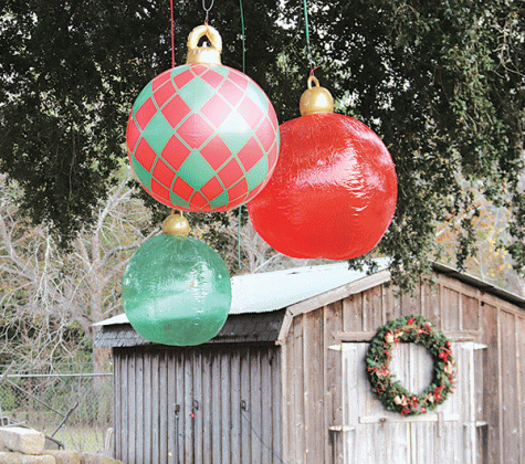 Ornaments hang from an oak tree next to the Community Garden in preparation for the Eunice Community Garden Christmas Festival that starts at 5 p.m. today. The garden is located at 2101 W. Ash St.