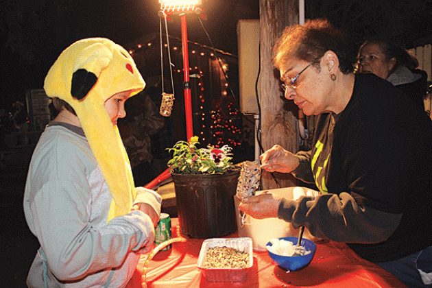 Zeyiah Williams learns from Donna Baltakis how to craft a bird feeder from recyclables. The Bulb &amp; Blossom Garden Club members had a table with all the materials needed to complete a bird feeder.