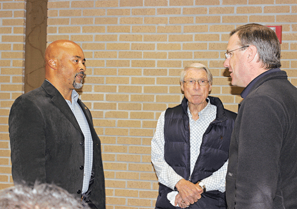 At the Eunice Rotary Club meeting, from left, are speaker Linus Jordan, and club members Donald Mayeux and Dwight Jodon. (Photo by Myra Miller)