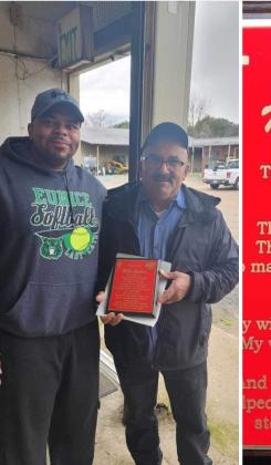 Quintin Doyle, a lieutenant Eunice police officer and a member of “Dads &amp; Kids,” a non-profit organization, presented Mike Guillory with an appreciation plaque titled,“Yet I Smile,” and  New Orleans Saints tickets.