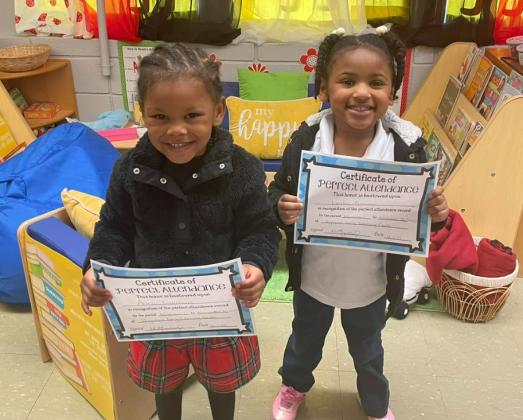 Highland Early Learning Center named its Perfect Attendance for November. In Michelle Guillory’s class, from left, are Aria Freeman and Landon Freeman.