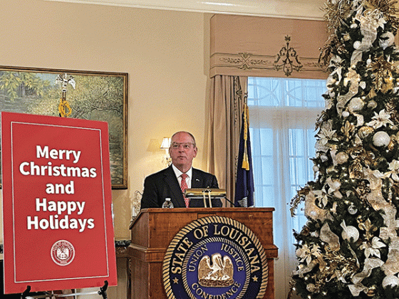 Louisiana Gov. John Bel Edwards gives his annual end-of-year press conference at the Governor’s Mansion. (Photo by Piper Hutchinson/Louisiana Illuminator)