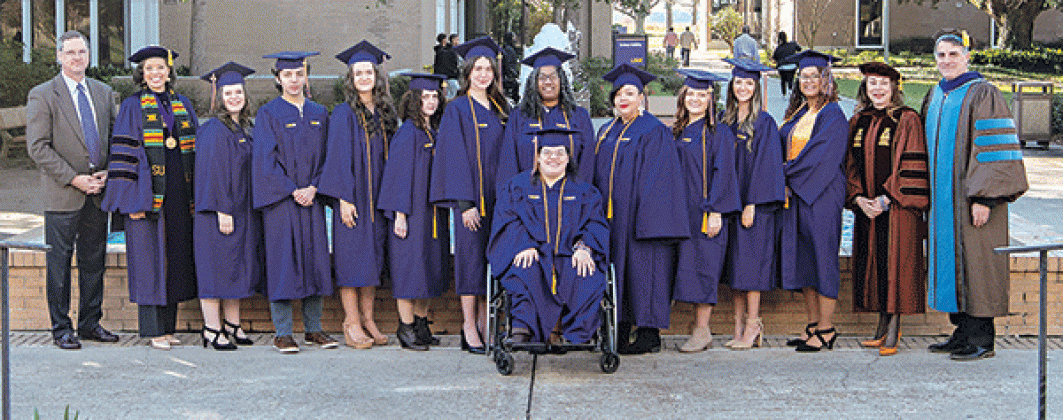 Graduation Magna Cum Laude honors with a grade point average of 3.5-3.79 are, front, Katie Lynn Sarver; and from left, Jeanne Louise Dugas, Ethan Bryan McDavid, Sophia Jean Fontenot, Brittany Elizabeth Harrison, Kileigh Saige Mears, LaDonna Marie Sam, Shantez Wilson, Kristen Leigh Ardoin, Emily Ann Blanchard and Yolanda Citizen Higginbotham.  The graduates are pictured with, (from left, Dwight Jodon, Chancellor’s Medal recipient; Valencia Sarpy Jones, LSU Board of Supervisors chairperson; Dr. Nancee Sorenso